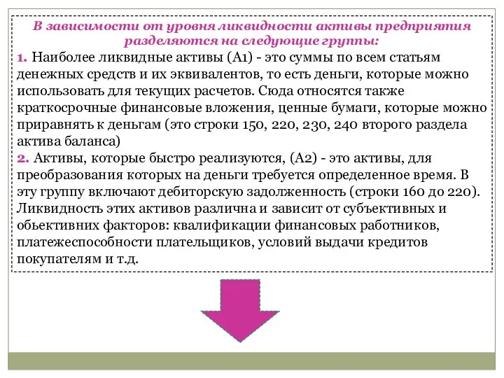 В зависимости от уровня ликвидности активы предприятия разделяются на следующие группы: