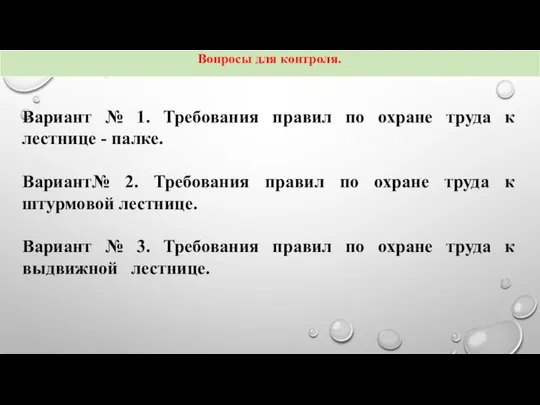 Вариант № 1. Требования правил по охране труда к лестнице -