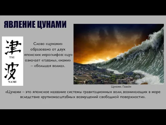 ЯВЛЕНИЕ ЦУНАМИ Слово «цунами» образовано от двух японских иероглифов: «цу» означает