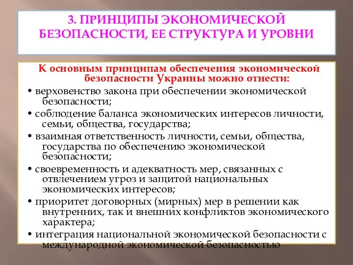 3. ПРИНЦИПЫ ЭКОНОМИЧЕСКОЙ БЕЗОПАСНОСТИ, ЕЕ СТРУКТУРА И УРОВНИ К основным принципам