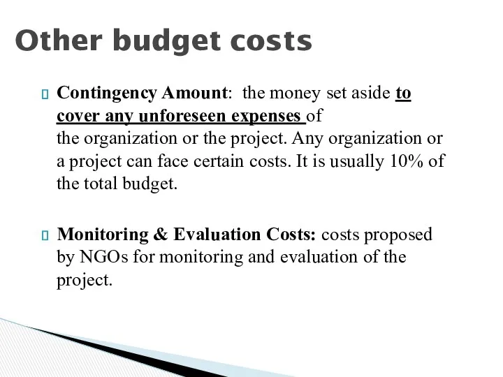 Other budget costs Contingency Amount: the money set aside to cover