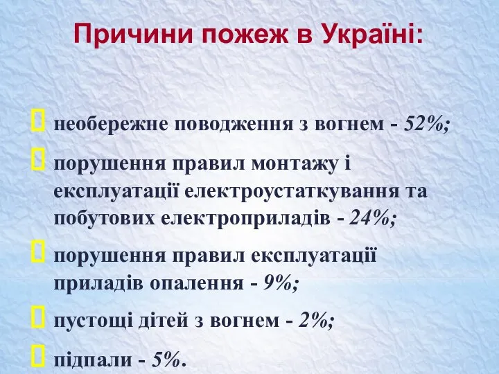 Причини пожеж в Україні: необережне поводження з вогнем - 52%; порушення