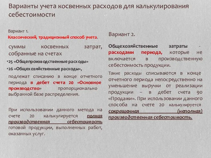 Варианты учета косвенных расходов для калькулирования себестоимости суммы косвенных затрат, собранные