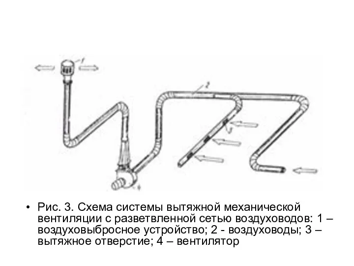 Рис. 3. Схема системы вытяжной механической вентиляции с разветвленной сетью воздуховодов: