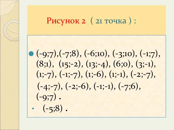 Рисунок 2 ( 21 точка ) : (-9;7),(-7;8), (-6;10), (-3;10), (-1;7),