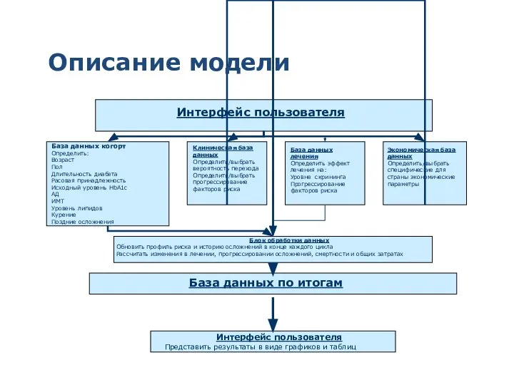 Описание модели Интерфейс пользователя База данных когорт Определить: Возраст Пол Длительность