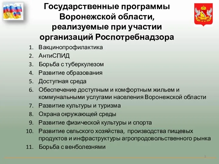 Вакцинопрофилактика АнтиСПИД Борьба с туберкулезом Развитие образования Доступная среда Обеспечение доступным