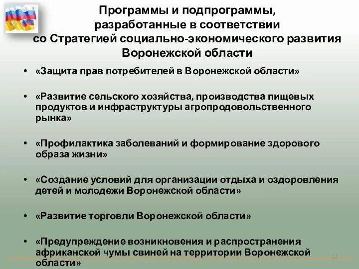 Программы и подпрограммы, разработанные в соответствии со Стратегией социально-экономического развития Воронежской