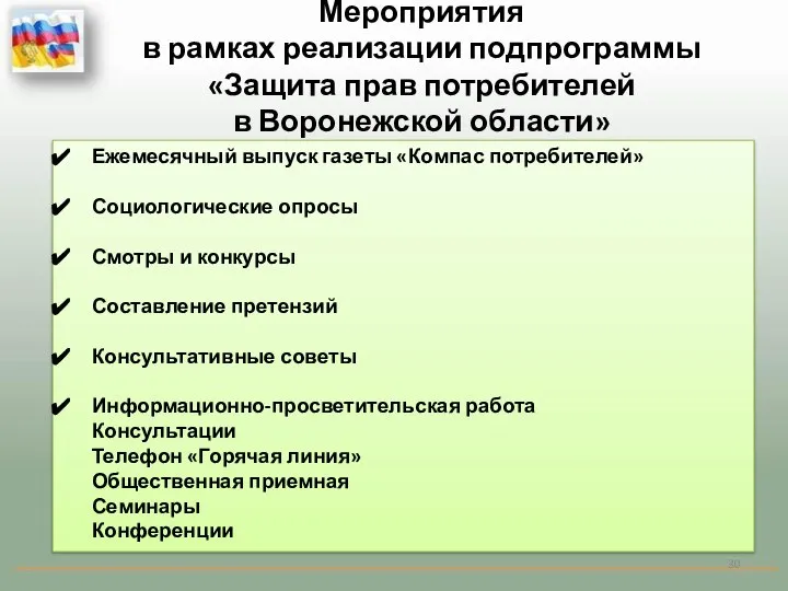 Мероприятия в рамках реализации подпрограммы «Защита прав потребителей в Воронежской области»