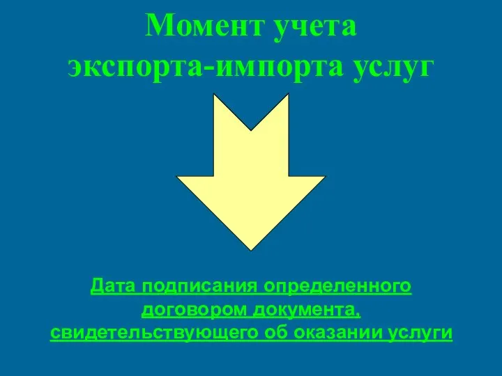 Момент учета экспорта-импорта услуг Дата подписания определенного договором документа, свидетельствующего об оказании услуги