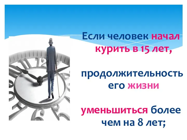 Если человек начал курить в 15 лет, продолжительность его жизни уменьшиться более чем на 8 лет;