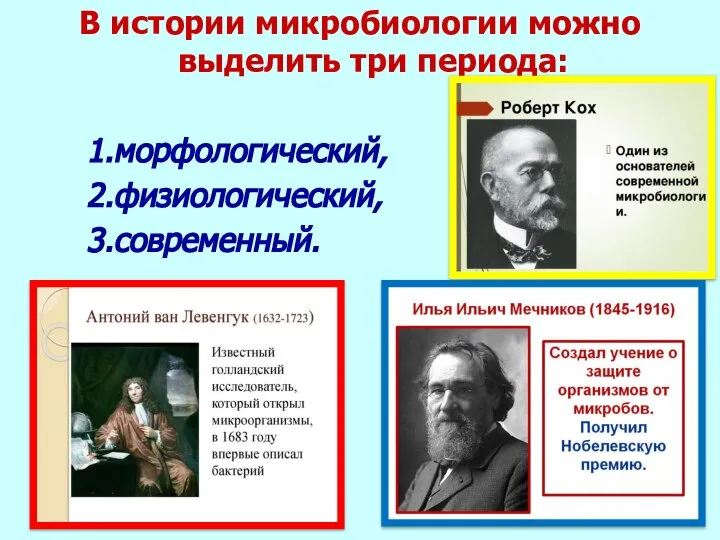 В истории микробиологии можно выделить три периода: 1.морфологический, 2.физиологический, 3.современный.