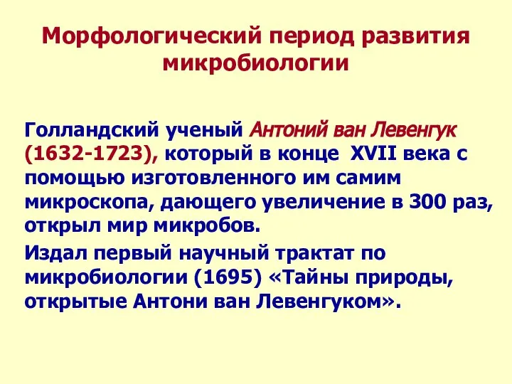 Морфологический период развития микробиологии Голландский ученый Антоний ван Левенгук (1632-1723), который