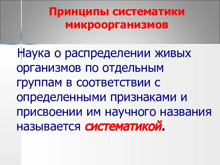 Принципы систематики микроорганизмов Наука о распределении живых организмов по отдельным группам