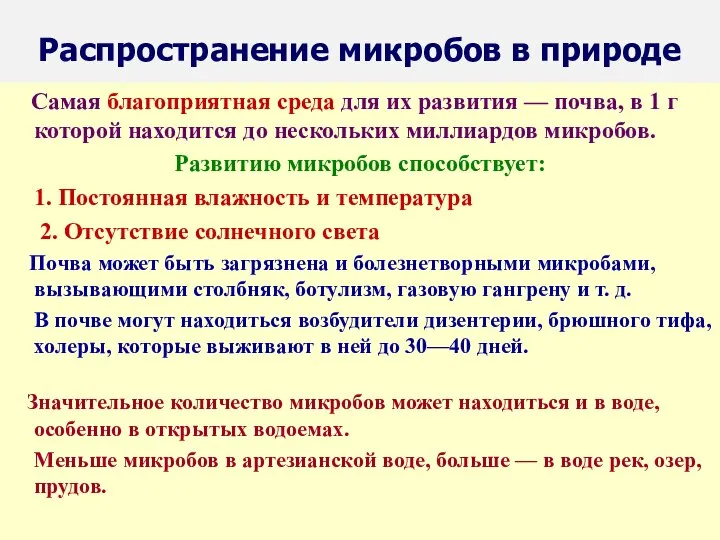 Распространение микробов в природе Самая благоприятная среда для их развития —