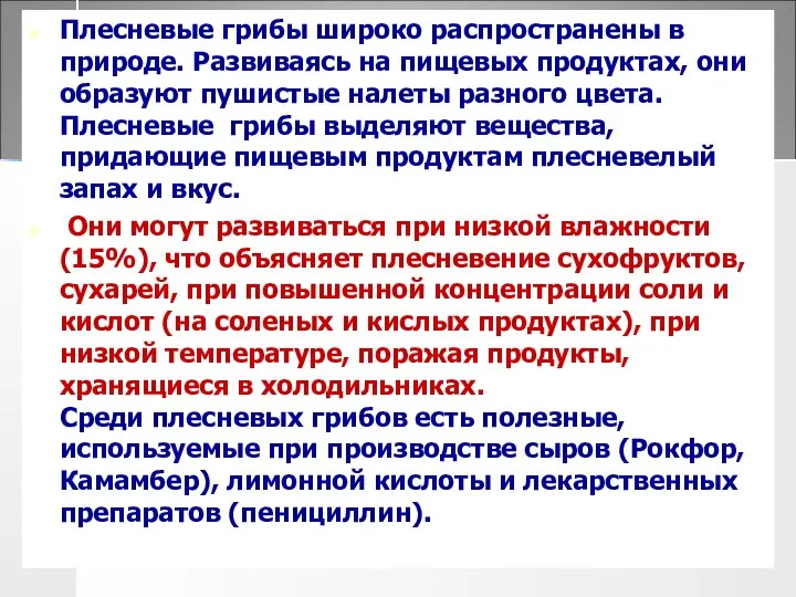 Плесневые грибы широко распространены в природе. Развиваясь на пищевых продуктах, они