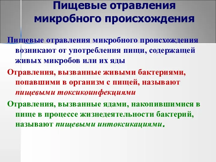 Пищевые отравления микробного происхождения Пищевые отравления микробного происхождения возникают от употребления