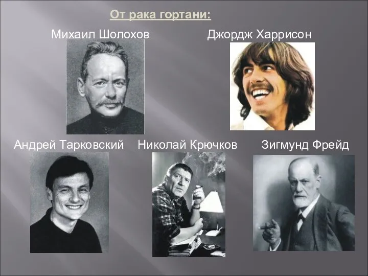 От рака гортани: Михаил Шолохов Джордж Харрисон Андрей Тарковский Николай Крючков Зигмунд Фрейд