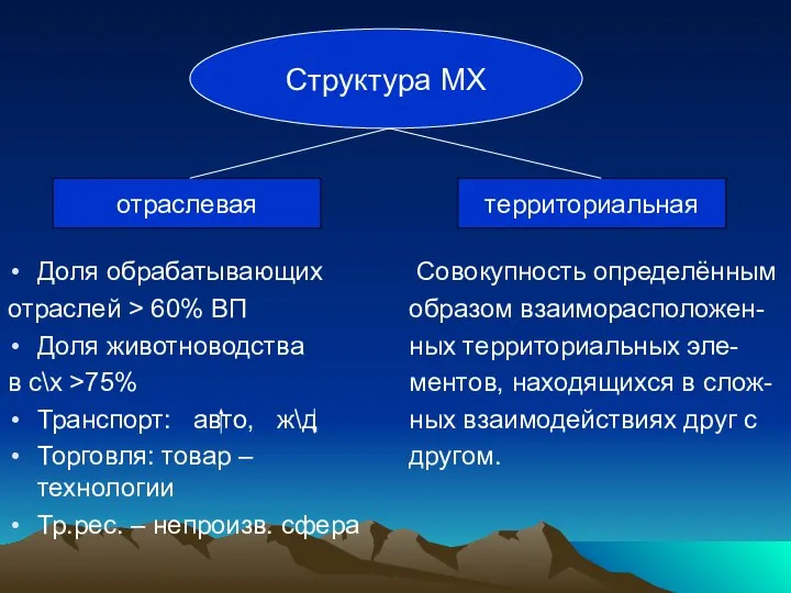 Структура МХ отраслевая территориальная Доля обрабатывающих отраслей > 60% ВП Доля