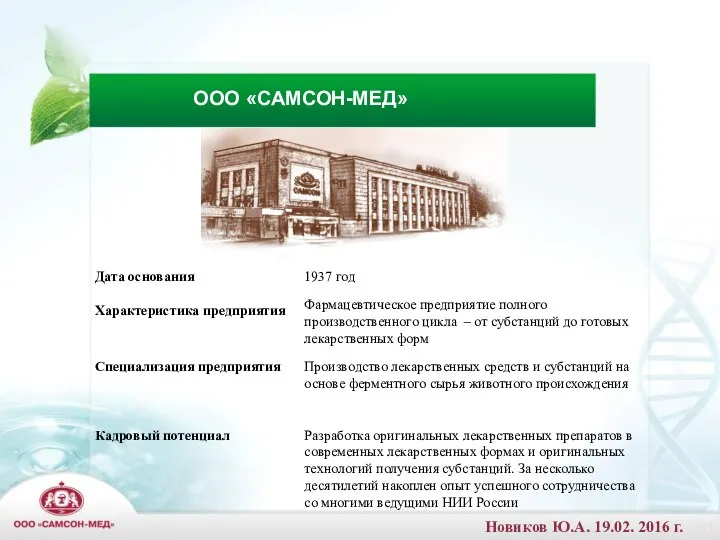 ООО «САМСОН-МЕД» Дата основания 1937 год Характеристика предприятия Фармацевтическое предприятие полного