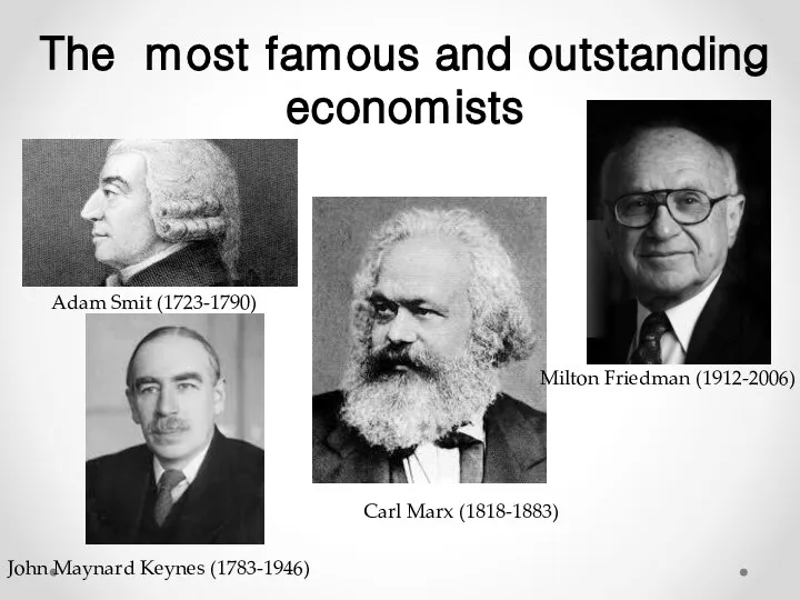 The most famous and outstanding economists Adam Smit (1723-1790) Carl Marx