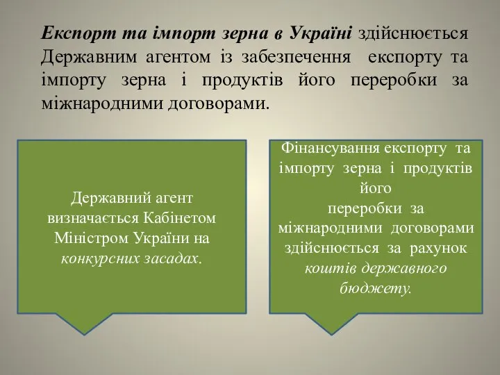 Експорт та імпорт зерна в Україні здійснюється Державним агентом із забезпечення