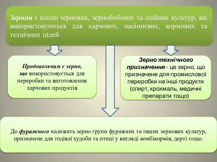 Зерном є плоди зернових, зернобобових та олійних культур, які використовуються для