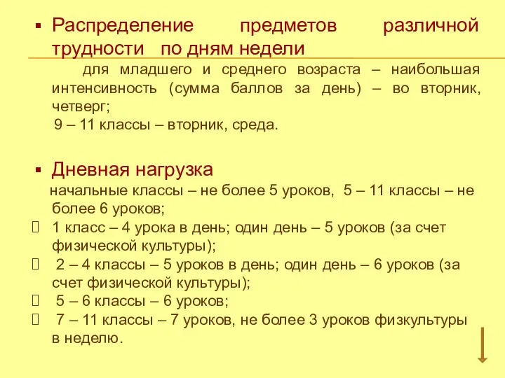 Распределение предметов различной трудности по дням недели для младшего и среднего