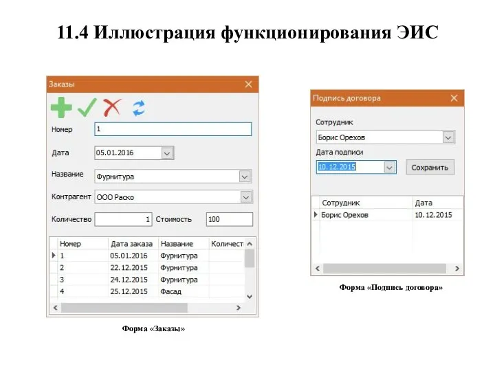 11.4 Иллюстрация функционирования ЭИС Форма «Заказы» Форма «Подпись договора»