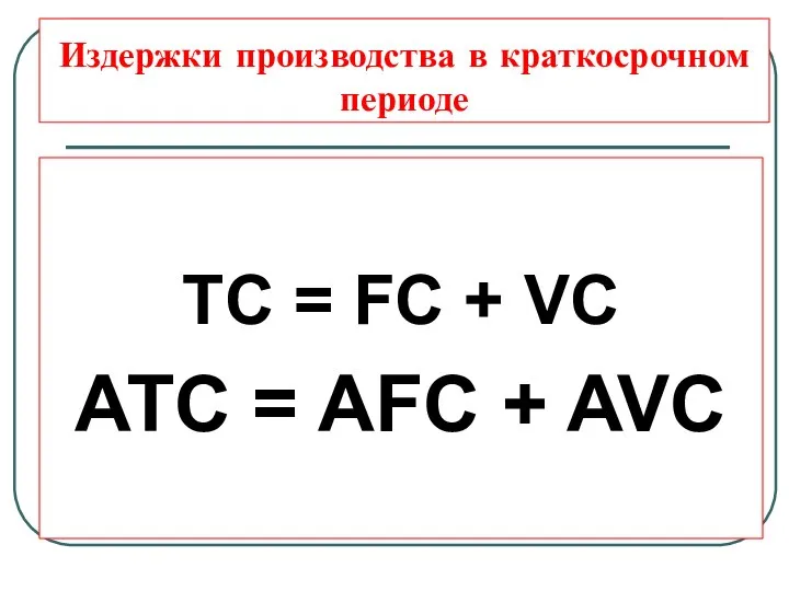 Издержки производства в краткосрочном периоде TC = FC + VC ATC = AFC + AVC