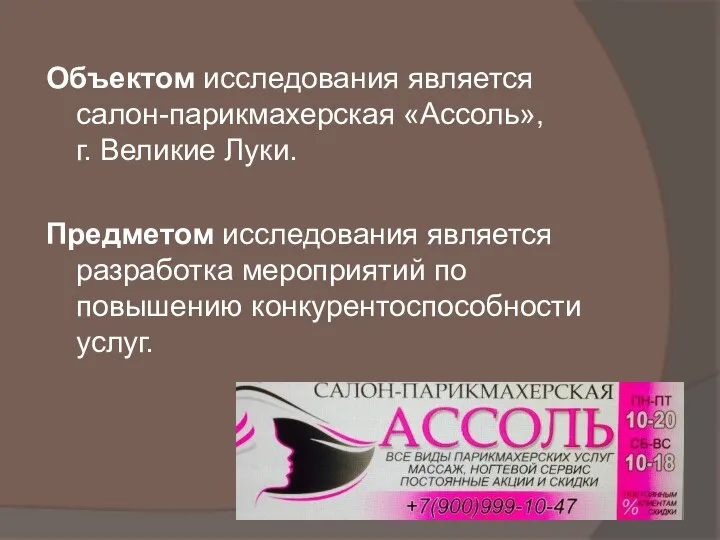 Объектом исследования является салон-парикмахерская «Ассоль», г. Великие Луки. Предметом исследования является