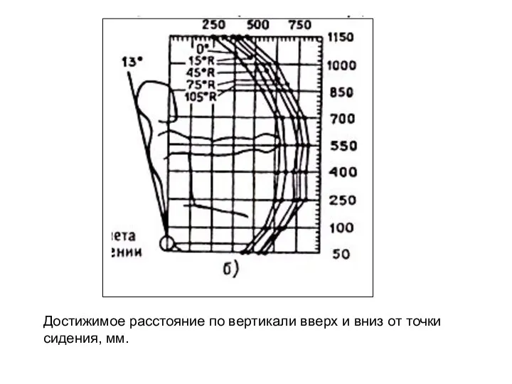 Достижимое расстояние по вертикали вверх и вниз от точки сидения, мм.