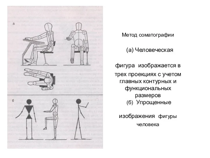 Метод соматографии (а) Человеческая фигура изображается в трех проекциях с учетом