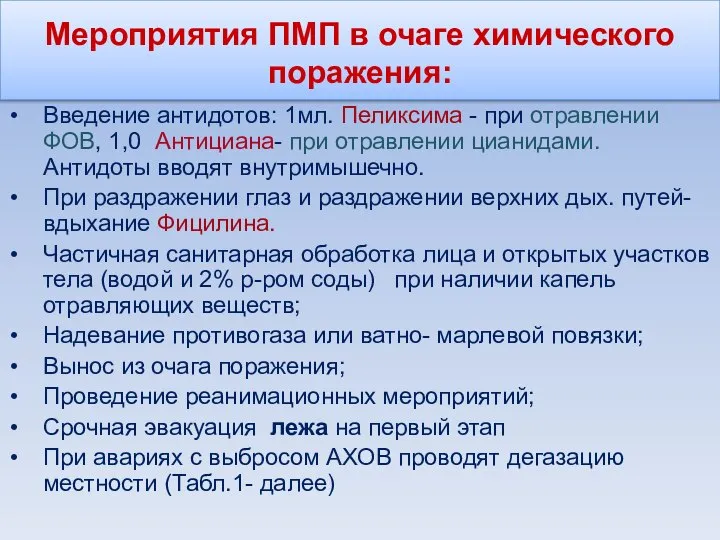 Мероприятия ПМП в очаге химического поражения: Введение антидотов: 1мл. Пеликсима -