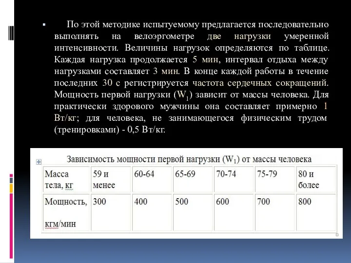 По этой методике испытуемому предлагается последовательно выполнять на велоэргометре две нагрузки