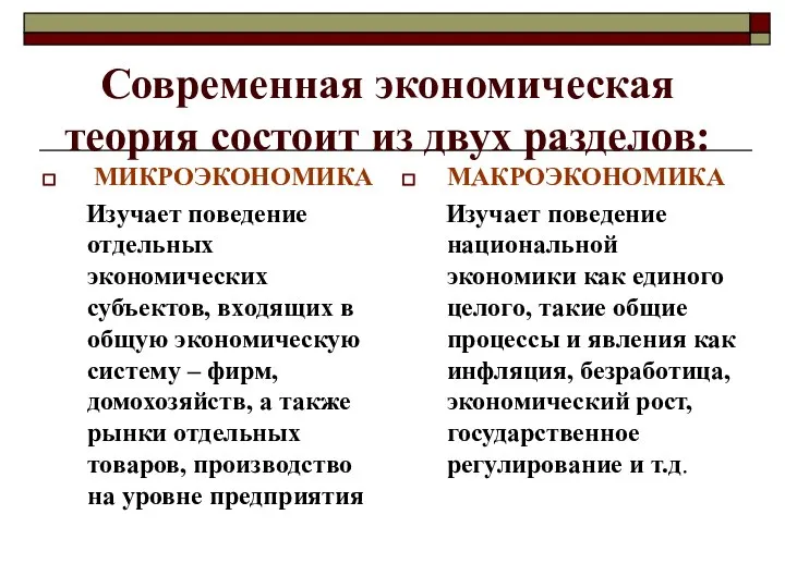 Современная экономическая теория состоит из двух разделов: МИКРОЭКОНОМИКА Изучает поведение отдельных