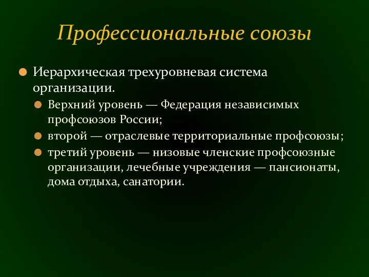 Иерархическая трех­уровневая система организации. Верхний уровень — Федерация независимых профсоюзов России;