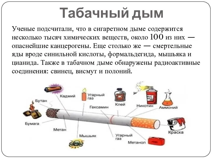 Табачный дым Ученые подсчитали, что в сигаретном дыме содержится несколько тысяч