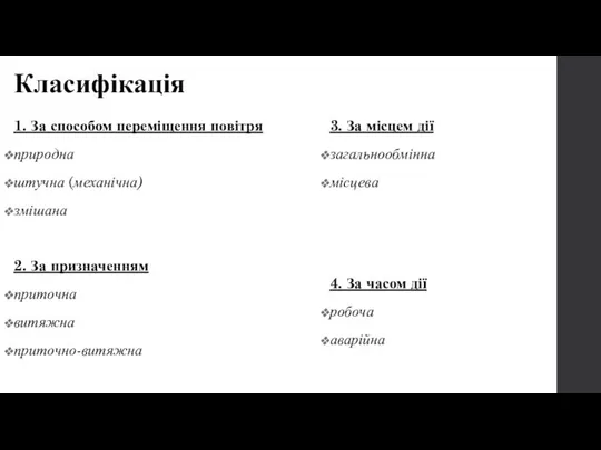 Класифікація 1. За способом переміщення повітря природна штучна (механічна) змішана 2.