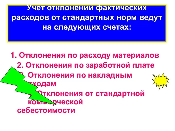 Учет отклонений фактических расходов от стандартных норм ведут на следующих счетах: