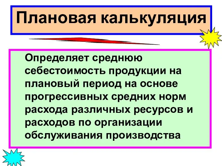 Плановая калькуляция Определяет среднюю себестоимость продукции на плановый период на основе