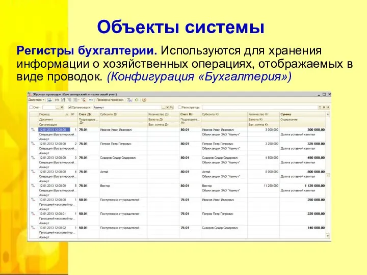 Объекты системы Регистры бухгалтерии. Используются для хранения информации о хозяйственных операциях,