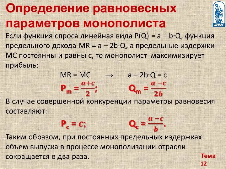 Тема 12 Определение равновесных параметров монополиста