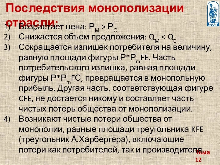 Тема 12 Последствия монополизации отрасли: Возрастает цена: РМ > РС Снижается