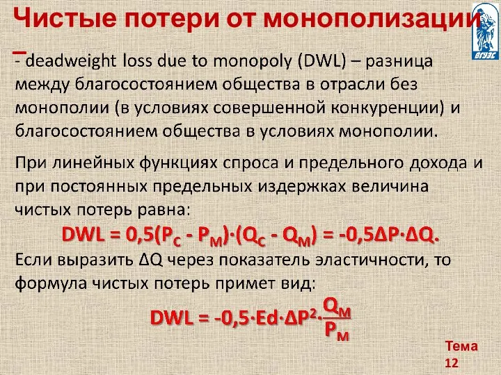 Тема 12 Чистые потери от монополизации –