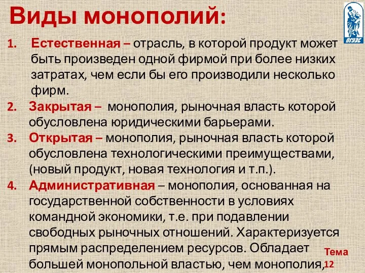 Тема 12 Виды монополий: Естественная – отрасль, в которой продукт может