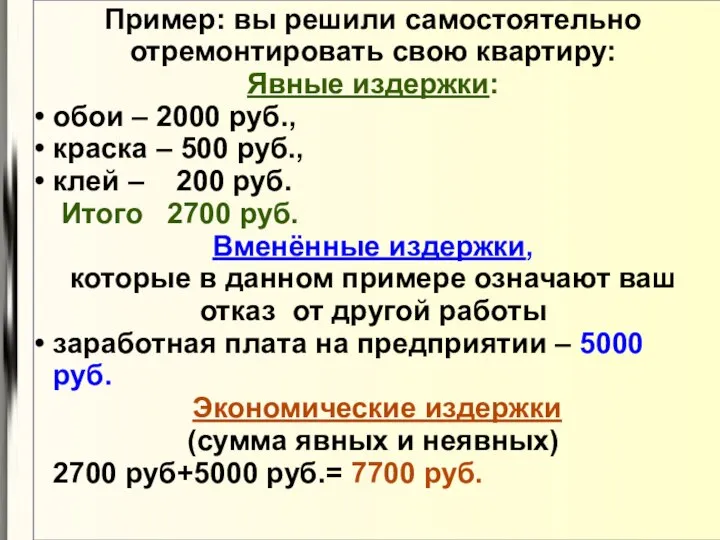 Пример: вы решили самостоятельно отремонтировать свою квартиру: Явные издержки: обои –