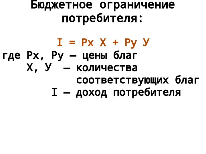 Бюджетное ограничение потребителя: I = Px X + Py У где