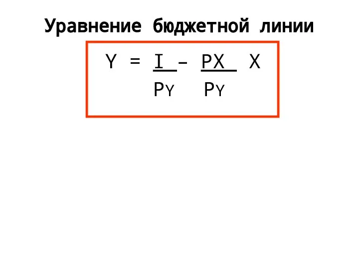 Уравнение бюджетной линии Y = I – PX X PY PY