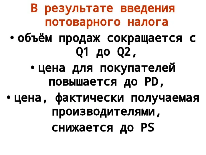 В результате введения потоварного налога объём продаж сокращается с Q1 до